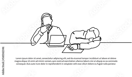Continuous line design of two male workers limp in front of laptop. Work fatigue design concept. Decorative elements drawn on a white background.
