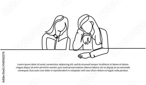 Continuous line design of two sad looking girls. Tired, bored and mental problem design concept. Decorative elements drawn on a white background.