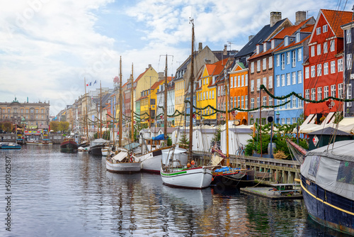 Beautiful winter view of the popular Nyhavn area at Copenhagen, Denmark, with the colourful houses along the canal