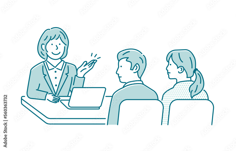 Vector illustration of a meeting between a female salesperson and a customer (couple)
