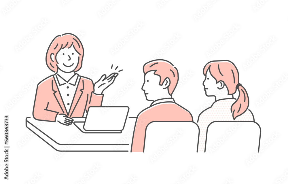 Vector illustration of a meeting between a female salesperson and a customer (couple) Vector illustration of a meeting between a female salesperson and a customer (couple)