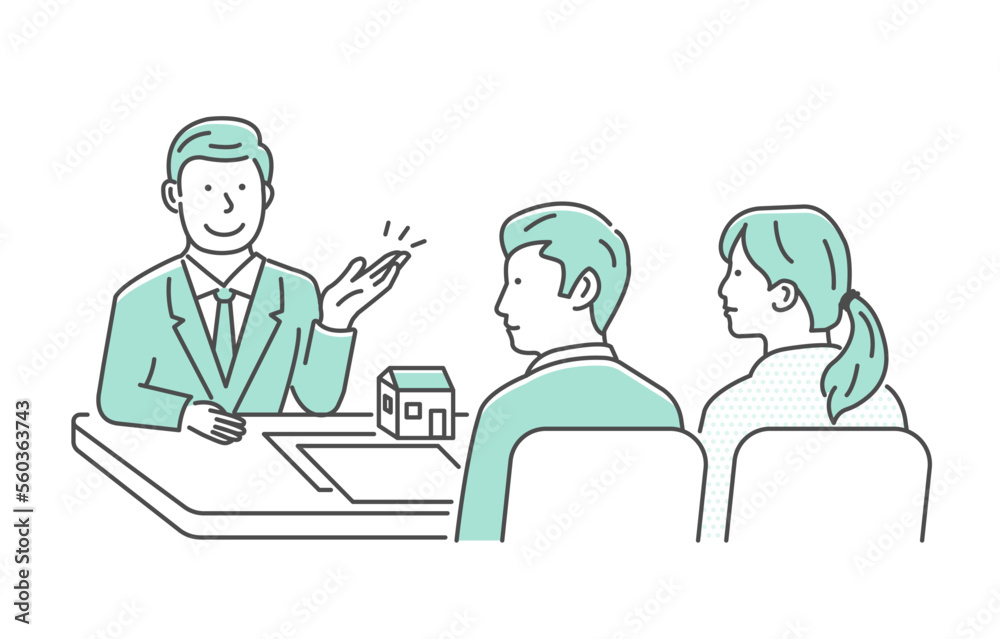 Vector illustration of a meeting between a house designer and a customer (couple) Vector illustration of a meeting between a house designer and a customer (couple)