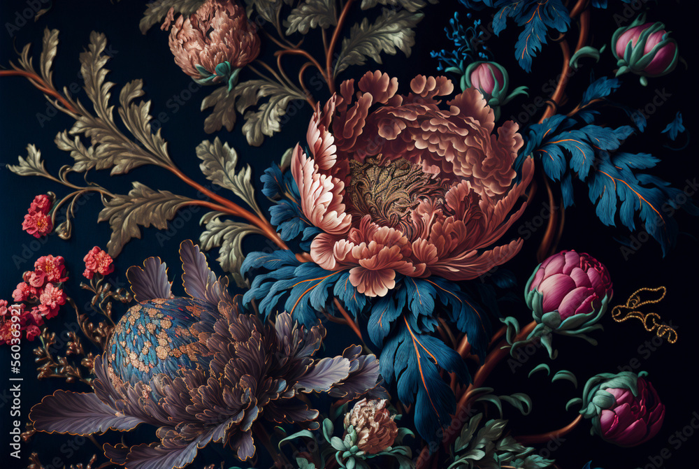beautiful fantasy vintage wallpaper botanical flower bunch,vintage motif for floral print digital background.generative ai. - obrazy, fototapety, plakaty 