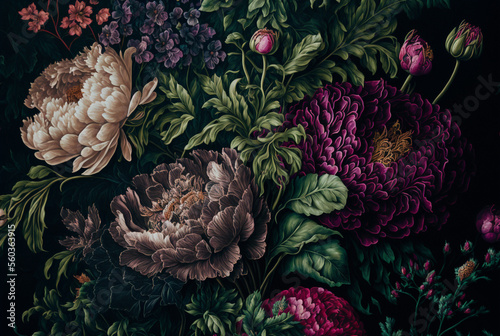 beautiful fantasy vintage wallpaper botanical flower bunch,vintage motif for floral print digital background.generative ai. #560363915