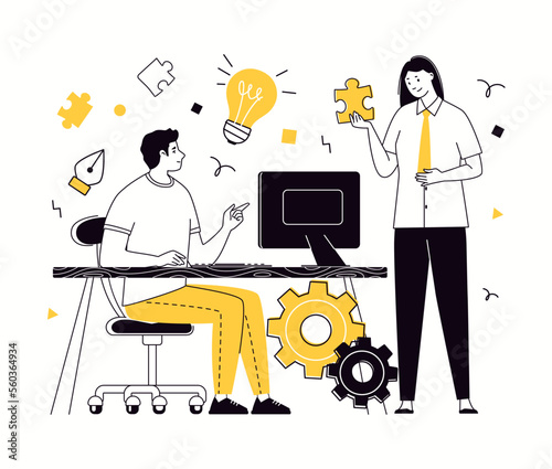 Team of professional digital specialists. Metaphor of ideas, problems, thinking, searching for opportunities - light bulb. Creative people with puzzle pieces as symbol of solution and knowledge. Vecto