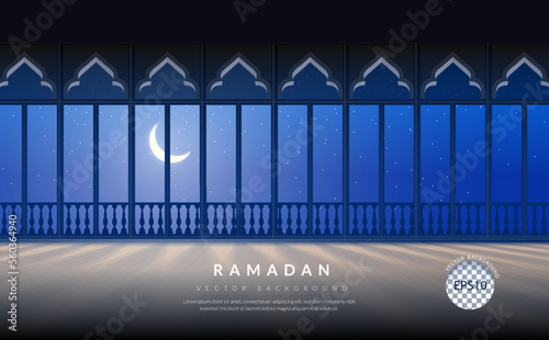 Ramadan Kareem background, islamic interior mosque large windows on a night sky filled with stars and a moon. vector illustration