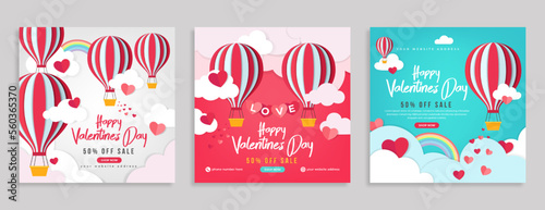 Valentine's day sale marketing social media post template. Business promotion banner or flyer with realistic cloud, heart or love balloon. Valentine day celebration web poster background decoration.