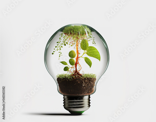 Light Bulb with sprout inside isolated in white background. Small plant growing inside a lightbulb. Generative AI