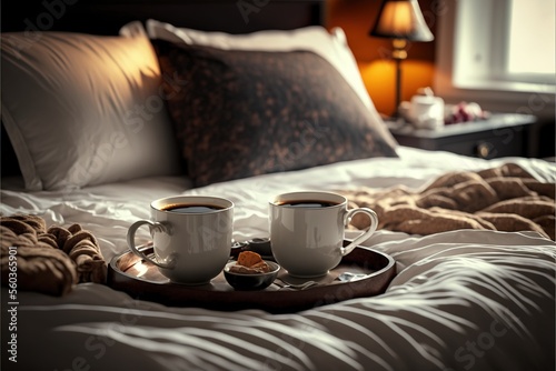 Morning treat with coffee cups in bed. generative ai