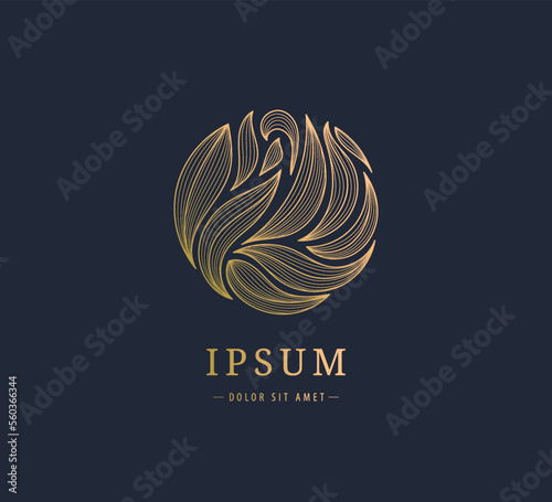Vector wavy linear plant logo. Circle gold luxury organic emblem. Abstract badge for natural products, flower shop, cosmetics, ecology, health, spa, yoga center. Leaves and florals icon, hand drawn.
