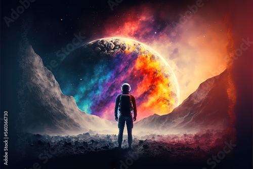 Space background. Astronaut standing on moon surface with earth planet and colorful nebula. Generative AI