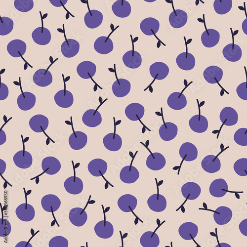 Violet cherry hand drawn vector illustration. Vintage berries in flat style seamless pattern for textile, fabric or wallpaper.