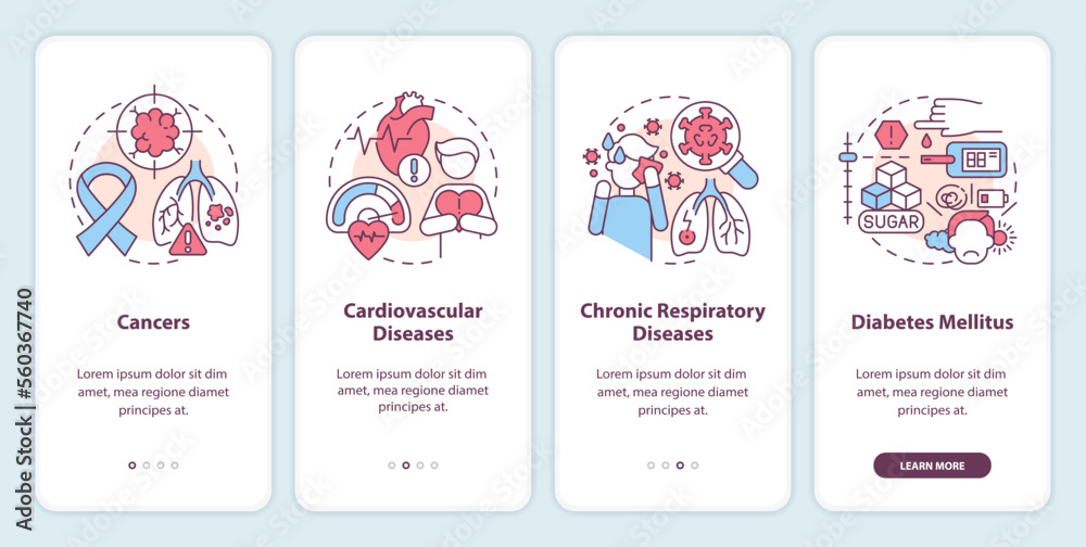 Chronic diseases major groups onboarding mobile app screen. Walkthrough 4 steps editable graphic instructions with linear concepts. UI, UX, GUI template. Myriad Pro-Bold, Regular fonts used