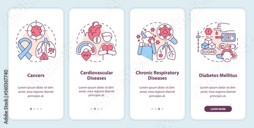 Chronic diseases major groups onboarding mobile app screen. Walkthrough 4 steps editable graphic instructions with linear concepts. UI, UX, GUI template. Myriad Pro-Bold, Regular fonts used