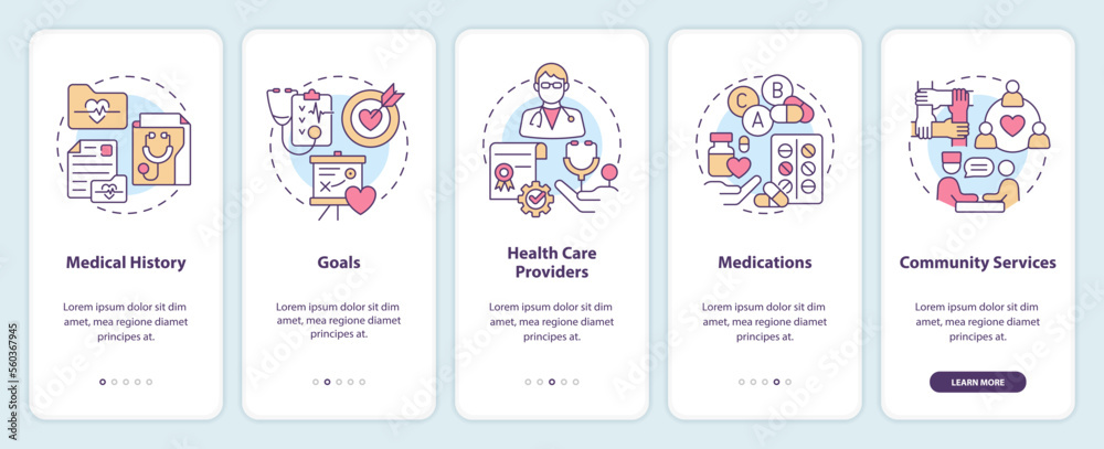 Chronic disease comprehensive care plan onboarding mobile app screen. Walkthrough 5 steps editable graphic instructions with linear concepts. UI, UX, GUI template. Myriad Pro-Bold, Regular fonts used