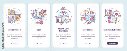 Chronic disease comprehensive care plan onboarding mobile app screen. Walkthrough 5 steps editable graphic instructions with linear concepts. UI, UX, GUI template. Myriad Pro-Bold, Regular fonts used