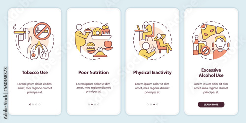 Chronic disease risk factors onboarding mobile app screen. Walkthrough 4 steps editable graphic instructions with linear concepts. UI, UX, GUI template. Myriad Pro-Bold, Regular fonts used