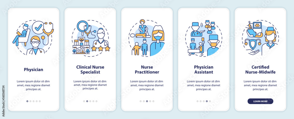Chronic care management providers onboarding mobile app screen. Walkthrough 5 steps editable graphic instructions with linear concepts. UI, UX, GUI template. Myriad Pro-Bold, Regular fonts used Chronic care management providers onboarding mobile app screen. Walkthrough 5 steps editable graphic instructions with linear concepts. UI, UX, GUI template. Myriad Pro-Bold, Regular fonts used