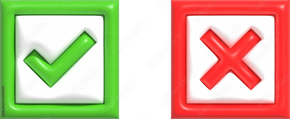 Realistic right and wrong, yes or no, approved or declined 3D Button. Acceptance, Rejection and Attention symbols 3D render illustration Realistic right and wrong, yes or no, approved or declined 3D Button. Acceptance, Rejection and Attention symbols 3D render illustration