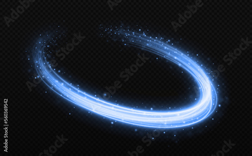 Sparkle twirl circles with light effect. Magic blue light trail with bright stars and sparks.