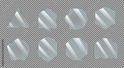 Set of reflective glass plates or banners. Polygonal transparent windows with light reflections. Realistic vector illustration isolated on transparent background.