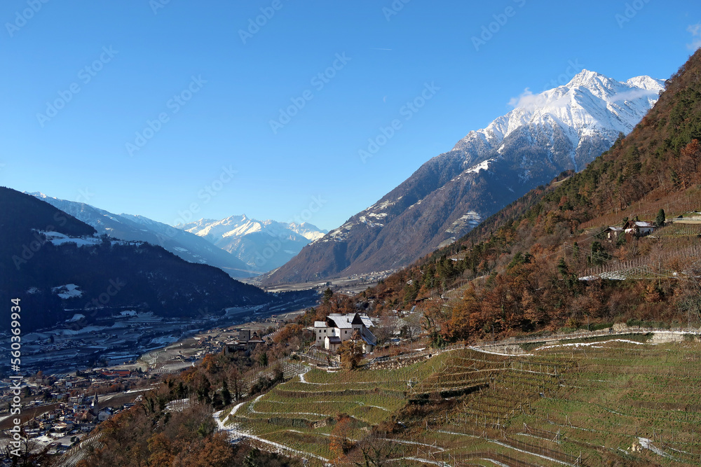 Blick in den Vintschgau von Schloss Tirol; Meran - Val Venosta del Castelo Tirolo, Merano