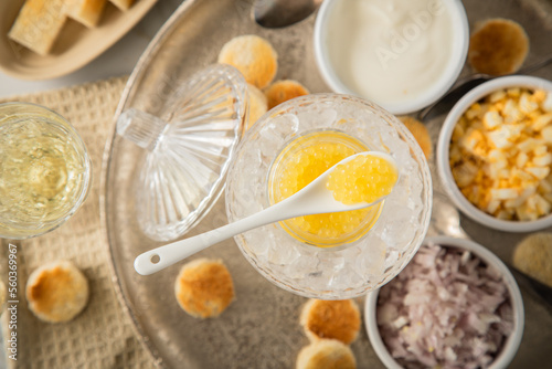 Gelber Saiblings Kaviar auf Eis in Glas Schale mit Porzellan Löffel, gekochte Eier Würfel, Charlotten Zwiebel Würfel, Toast Brot, Saure Sahne und Champagner Sekt auf Silber Teller und Marmor hell