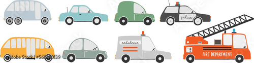 collection of motorized vehicles, scandinavian style vector illustration for children
