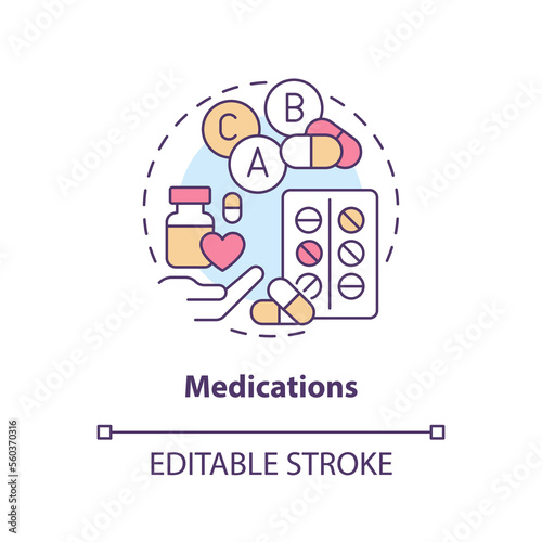 Medications concept icon. Pills prescription. Chronic disease comprehensive care plan abstract idea thin line illustration. Isolated outline drawing. Editable stroke. Arial, Myriad Pro-Bold fonts used
