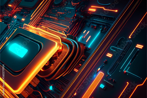 Futuristic abstract background. Glowing neon colored lines. Created with generative AI
