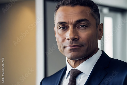 Generative ai middle age mixed race businessman posing office smiling happy and confident looking camera © Eugenio Marongiu