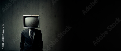 Man with TV instead of head on dark background. TV addiction, propaganda and fake news concept. Created with Generative AI photo