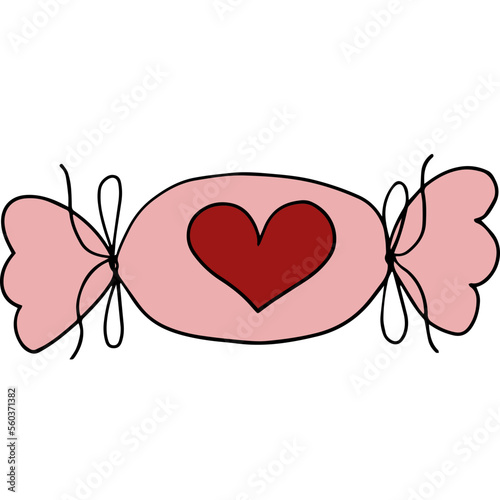Candy wrapped in pink paper doodle cartoon drawing. a sweetheart on wrapping paper. Valentine's Candy cartoon doodle, Beautiful. hand drawn toffee cartoon, for decorating.