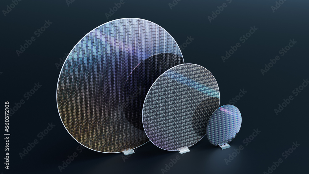 Set of Three Silicon Wafers of Different Sizes for Semiconductor Production, 300mm, 200mm and 100mm, on Dark Background - obrazy, fototapety, plakaty 