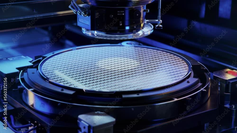 Silicon Wafer during Photolithography Process. Shot of Lithography Process that Creates Complex Patterns on Wafer during Semiconductor and Computer Chip Manufacturing and Production at Fab or Foundry.