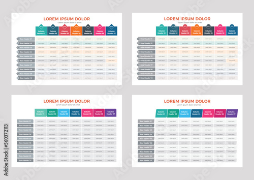 Sets of Presentations Table Templates, Tables Layout Design Vector Format, Infographics Table layout. Vector illustration for presentation