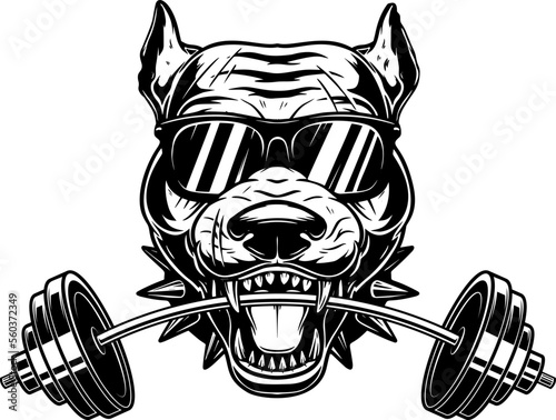Angry dog head with gym barbell in teeth. Design element for logo, sign, emblem. Vector illustration