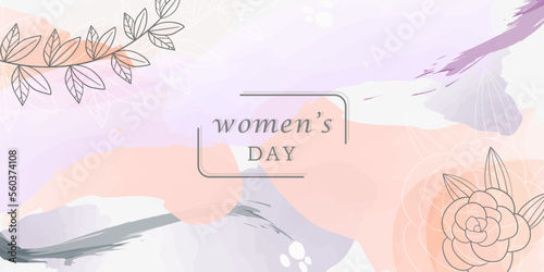 Happy women's day. Abstract cover template for International Women's Day with leaves, flowers and multicolored transparent random overlapping shapes creating a watercolor effect. Vector illustration