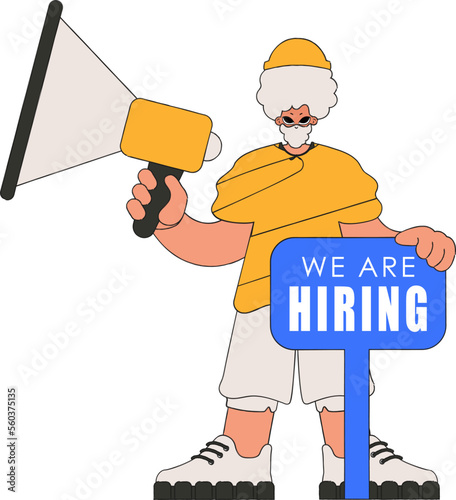 A man holds a megaphone in his hands. Attracting workers.