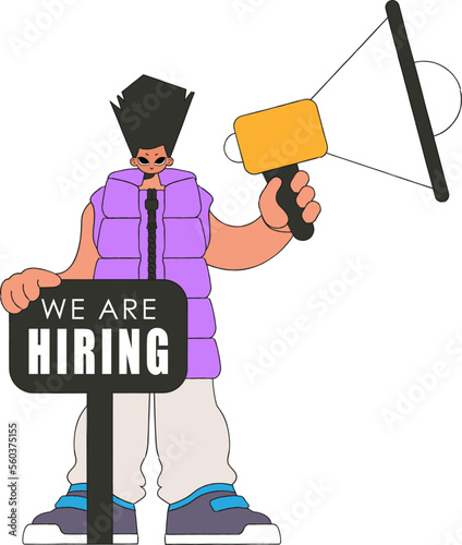 A man holds a megaphone in his hands. human drawing.