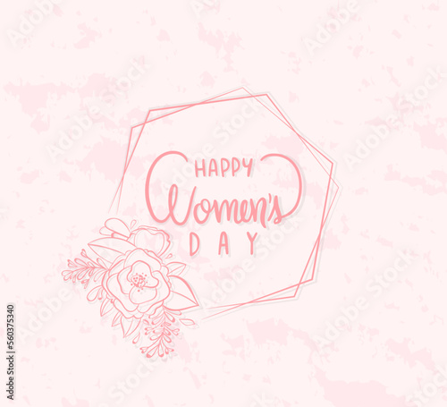 Happy women's day. Banner for the International Women's Day with the decor of flowers, spring plants, leaves and hexagons on pink background. Vector illustration.