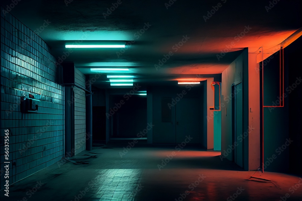 Dark empty hallway with green and red lighting