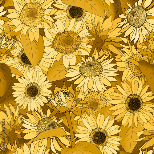Seamless monochromatic pattern with golden sunflowers.