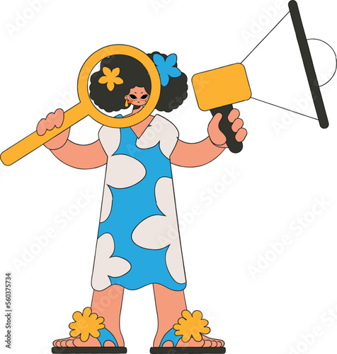 A girl with a megaphone, symbolizing the search for people in the labor market. Human resource and recruitment.