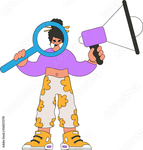 The girl is holding a megaphone. Recruitment and search of personnel.