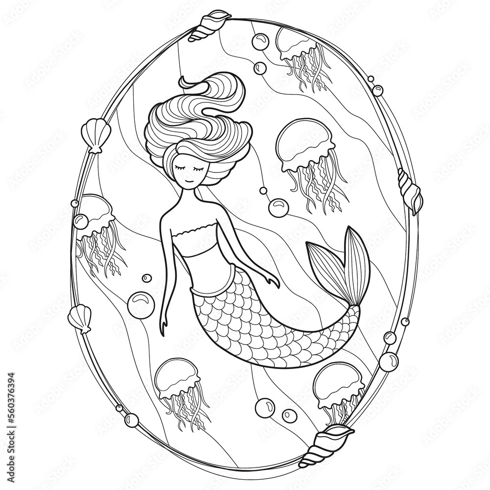 Mermaid coloring page. Underwater world coloring book. Fish contour ...