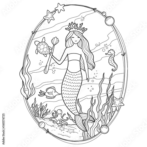 Mermaid coloring page. Underwater world coloring book. Fish contour. Children's illustration. Animals cartoon. Princess doodle. Children's coloring book