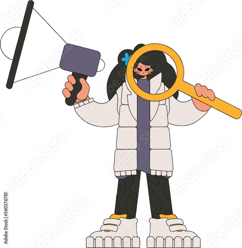 The girl is holding a megaphone in her hands. human drawing.