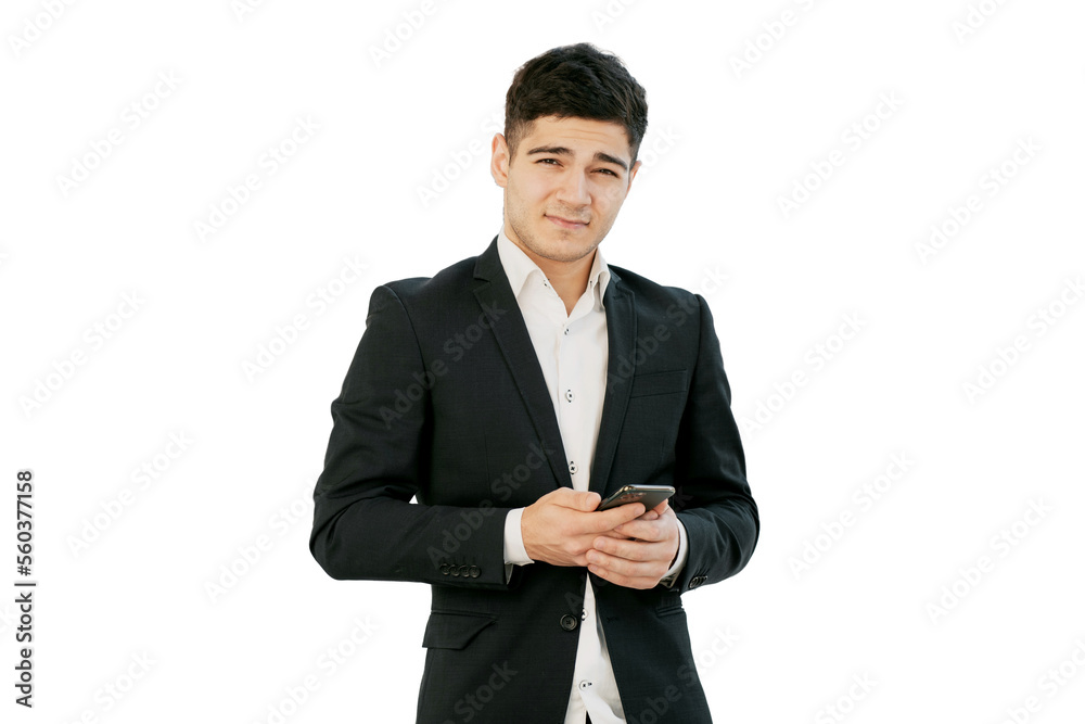 A young businessman in a casual suit uses a telphone, a transparent background. A young businessman in a casual suit uses a telphone, a transparent background.