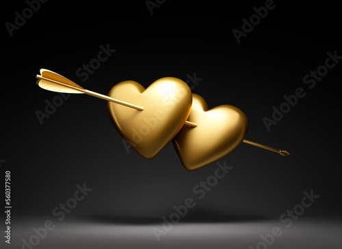 Two golden hearts hit together by arrow on dark background - 3D illustration